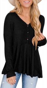 img 3 attached to Women'S Long Sleeve V Neck Tops Button Up Ruffle Babydoll Tunic Blouse Waffle Peplum Shirt