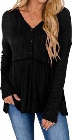 img 4 attached to Women'S Long Sleeve V Neck Tops Button Up Ruffle Babydoll Tunic Blouse Waffle Peplum Shirt