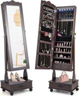 charmaid lockable jewelry armoire with full length mirror, rolling stand, 6 led lights, storage shelves, and drawer in brown logo
