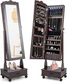 img 4 attached to CharmAid Lockable Jewelry Armoire With Full Length Mirror, Rolling Stand, 6 LED Lights, Storage Shelves, And Drawer In Brown