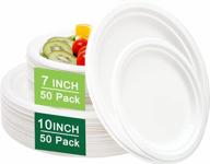 i00000 100-pack heavy duty compostable paper plates - biodegradable, eco-friendly, and microwaveable bagasse plates for parties, picnics, and events - natural white sugarcane disposable plates set logo