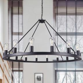 img 3 attached to Wellmet Matte Black Wagon Wheel Chandelier 16-Light Diam 47 Inch, Farmhouse Rustic Industrial Country Style Extra Large Round Pendant Light Fixture For Dining Room, Living Room