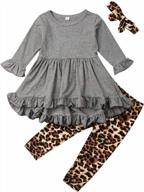 3pcs toddler baby girl outfit ruffle long sleeve tunic top+leopard floral legging pants+headband clothes set логотип