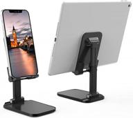 adjustable cell phone stand for desk - foldable & anti-slip holder with adjustable angle & height - compatible with iphone, ipad, tablets - black logo