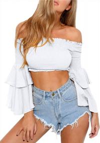 img 4 attached to Женские винтажные топы с открытыми плечами Arjungo, эластичные укороченные топы с длинными расклешенными рукавами, блузка-бандо, рубашка