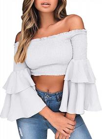 img 2 attached to Arjungo Women'S Vintage Off The Shoulder Tops Long Flared Sleeve Elastic Crop Tops Bandeau Blouse Shirt