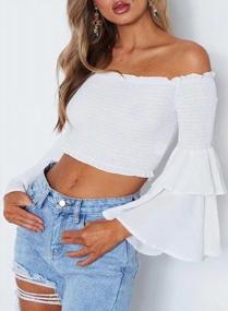 img 3 attached to Arjungo Women'S Vintage Off The Shoulder Tops Long Flared Sleeve Elastic Crop Tops Bandeau Blouse Shirt