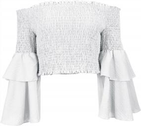 img 1 attached to Женские винтажные топы с открытыми плечами Arjungo, эластичные укороченные топы с длинными расклешенными рукавами, блузка-бандо, рубашка
