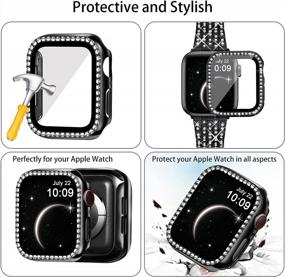 img 3 attached to OMIU, совместимый с ремешком Apple Watch 44 мм + чехол, женский нарядный ювелирный браслет с бриллиантами и металлическим браслетом со стразами, бампер, рамка, защитная крышка для экрана для IWatch SE Series 6/5/4 (44 мм, черный)