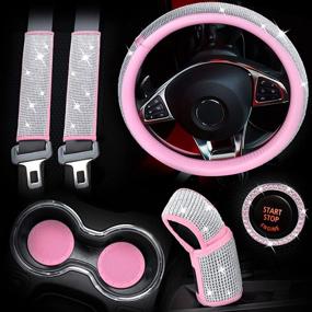 img 4 attached to 💎 Stylish 7-Piece Bling Car Accessories Set for Women: Featuring a 15 Inch Diamond Steering Wheel Cover, Rhinestone Seat Belt Covers, Glitter Gear Shift Cover, Cup Holders, and Crystal Ring