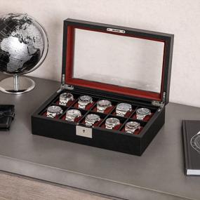 img 3 attached to Stylish And Secure: ROTHWELL 10 Slot Leather Watch Box With Glass Top, Ideal For Watch Enthusiasts