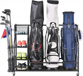 img 4 attached to 🏌️ Mythinglogic 3 Golf Bags Storage Organizer: Ultimate Golf Equipment and Accessories Rack with Lockable Wheels for 3 Full Size Golf Bags