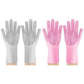 img 4 attached to Silicone Dishwashing Gloves 2 Pairs for Kitchen, Reusable Rubber Cleaning Gloves with Scrubber Glove Brush, Multi-Purpose Washing Gloves for Housework, Car, Bathroom, Clothes, and Pet Care