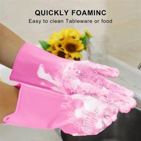 img 3 attached to Silicone Dishwashing Gloves 2 Pairs for Kitchen, Reusable Rubber Cleaning Gloves with Scrubber Glove Brush, Multi-Purpose Washing Gloves for Housework, Car, Bathroom, Clothes, and Pet Care
