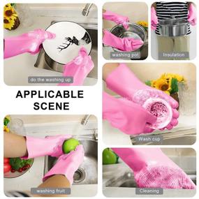 img 1 attached to Silicone Dishwashing Gloves 2 Pairs for Kitchen, Reusable Rubber Cleaning Gloves with Scrubber Glove Brush, Multi-Purpose Washing Gloves for Housework, Car, Bathroom, Clothes, and Pet Care