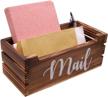 rustic wooden mail organizer box for tabletop storage of letters, bills, coupons, notebooks and pens logo