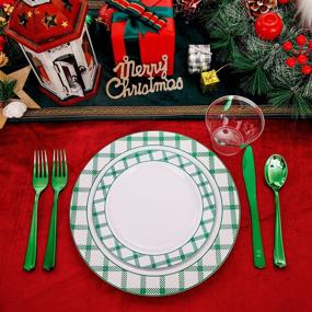 img 1 attached to Elevate Your Christmas Party With I00000'S 60PCS Elegant Checkered Green Disposable Plates - Includes 30 Dinner Plates And 30 Dessert Plates