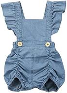 denim romper sunsuit for baby girls with ruffle sleeves and shorts: short-sleeved jumpsuit with distressed detailing by calsunbaby logo