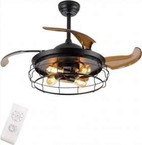img 3 attached to OUKANING Ceiling Fan With Light Industrial Ceiling Fan Retractable Blades Vintage Cage Chandelier Fan With Remote Control-5 Edison Bulbs Needed Not Included (Style 2 - 42 Inch)