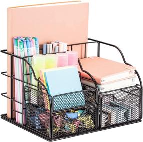 img 4 attached to SMARTAKE Office Mesh Desk Organizer, Office Supplies Desk Accessories Storage Caddy, File Paper Pen Holder With 5 Compartments & 2 Sliding Drawers For Office, School, Home, Workshop (Black)