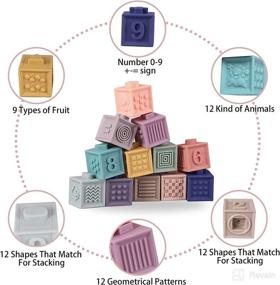 img 2 attached to 👶 12-Pack Baby Teething Toys - Stacking Educational Soft Building Blocks with Numbers, Animals, Fruits, Shapes, and Textures - Suitable for Ages 6 Months and Up