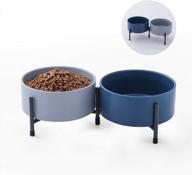 6 inch ceramic dog & cat bowl set of 2 with elevated metal stand - 32 oz round pet food and water feeder dish for cats & dogs - blue & grey logo