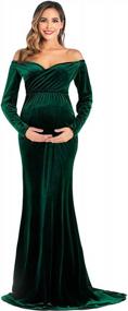 img 3 attached to Maternity Off Shoulder Long Sleeve Fitted Gown For Photo Props - OQC Velvet Half Circle Maxi Photography Dress