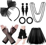 women's 80s costume accessories set with fishnet gloves, leg warmers and tutu skirt for 1980s theme party outfits logo