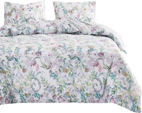 img 3 attached to 🌸 Stylish Wake In Cloud Light Purple Floral Comforter Set: Lilac Flowers & Green Leaves Botanical Print on White, Luxurious Microfiber Bedding for Queen Size Bed (3pcs)
