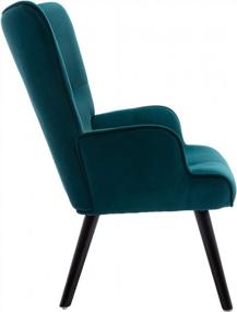 img 2 attached to Тафтинговый бархатный стул с подлокотниками Wingback - элегантное и удобное мягкое кресло для гостиной, спальни и зала ожидания - ножки из массива дерева бирюзового цвета