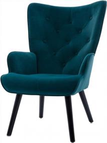 img 3 attached to Тафтинговый бархатный стул с подлокотниками Wingback - элегантное и удобное мягкое кресло для гостиной, спальни и зала ожидания - ножки из массива дерева бирюзового цвета