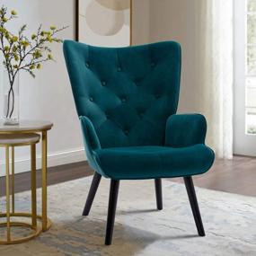 img 4 attached to Тафтинговый бархатный стул с подлокотниками Wingback - элегантное и удобное мягкое кресло для гостиной, спальни и зала ожидания - ножки из массива дерева бирюзового цвета