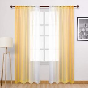 img 4 attached to Yellow Ombre Sheer Curtains - Faux Linen Gradient Semi Voile Rod Pocket Window Drapes For Bedroom & Living Room, Set Of 2 (52" X 90")
