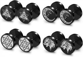 img 3 attached to Stainless Steel Black Stud Faux Gauges Earrings With Hexagram, Wolf Moon, And All-Seeing Eye Studs - Cheater Fake Ear Plugs Gauges Illusion Tunnel - Set Of 4 Pairs By PiercingJ