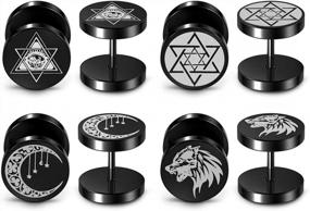 img 4 attached to Stainless Steel Black Stud Faux Gauges Earrings With Hexagram, Wolf Moon, And All-Seeing Eye Studs - Cheater Fake Ear Plugs Gauges Illusion Tunnel - Set Of 4 Pairs By PiercingJ