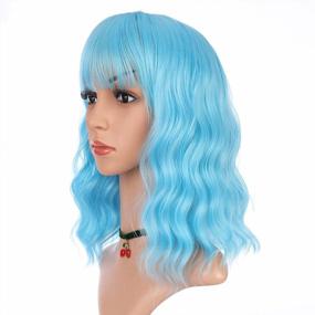 img 3 attached to Natural Colored Short Curly Bob Wig With Air Bangs - 14 Inches - ENilecor Women'S Blue Wig
