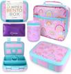 complete set for kids' lunch: thermos bento box with hot soup food jar, insulated bag, and ice pack - stainless steel with 4 compartments - purple rainbow logo