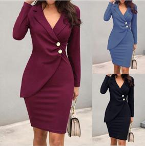 img 2 attached to YMING Womens V Neck Work Bodycon Dress Solid Color Wrap Pencil Dresses Cocktail Button Midi Dress