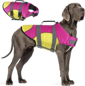 img 4 attached to Water Safety Dog Life Jacket: Adjustable Reflective Float Coat in Pink/Yellow XL for Boating & Swimming - Rescue Handle Included!