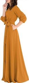 img 2 attached to AOOKSMERY Women Elegance Audrey Hepburn Style Round Neck 3/4 Puff Sleeve Swing Maxi Dress Long Belt Dresses With Pockets