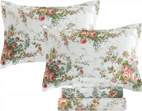 img 4 attached to Vintage Rose Floral King Size Bedding Set With Premium Cotton And Chic Off-White Design - 4-Piece Collection Including Fitted Sheet And Pillowcases