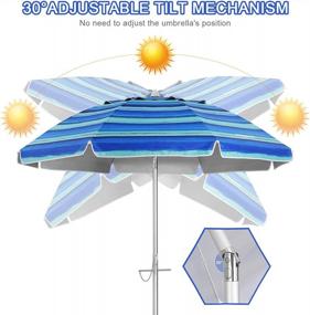 img 2 attached to CLISPEED 6,5-футовый пляжный зонт для песка, портативный пляжный зонт с песком и наклонной алюминиевой стойкой, защита от ультрафиолетового излучения 50+ Сверхмощный пляжный зонт для патио, стола, заднего двора, активного отдыха, синяя полоса