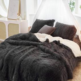 img 3 attached to Queen Size Faux Fur Comforter Set - Shaggy Velvet Black/Dark Gray Long Hair, Plush Sherpa Reversible Bedding Set For Winter Warmth