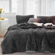 queen size faux fur comforter set - shaggy velvet black/dark gray long hair, plush sherpa reversible bedding set for winter warmth logo