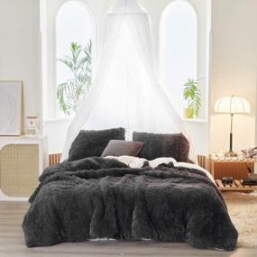 img 2 attached to Queen Size Faux Fur Comforter Set - Shaggy Velvet Black/Dark Gray Long Hair, Plush Sherpa Reversible Bedding Set For Winter Warmth