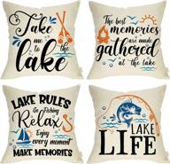 fjfz lake life decorative throw pillow cover set of 4, farmhouse lakehouse rules quotes porch patio home decor, paddle sailboat nautical outdoor sofa couch cushion case 18 x 18 logo