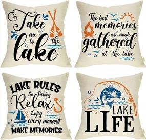 img 4 attached to Fjfz Lake Life Decorative Throw Pillow Cover Set Of 4, Farmhouse Lakehouse Rules Quotes Porch Patio Home Decor, Paddle Sailboat Nautical Outdoor Sofa Couch Cushion Case 18 X 18