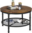 rustic small round coffee table with storage, wood surface top and metal legs, 2-tier shelf, ideal for living room, space-saving design in brown logo