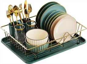 img 4 attached to GSlife Стеллаж для сушки посуды Маленькая стеллаж для посуды с подносом Компактный сушилка для посуды для кухонного шкафа, золотой и темно-зеленый