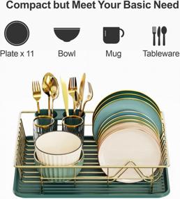 img 1 attached to GSlife Стеллаж для сушки посуды Маленькая стеллаж для посуды с подносом Компактный сушилка для посуды для кухонного шкафа, золотой и темно-зеленый